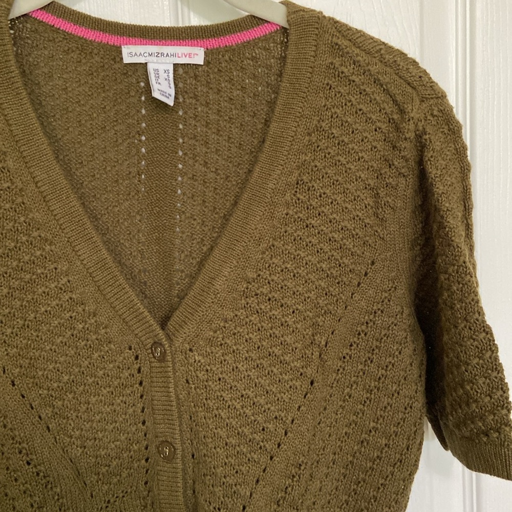 2 Isaac Mizrahi Olive Button Sweater Cardigan - Short Sleeve Open Weave, Peplum - Picture 10 of 14